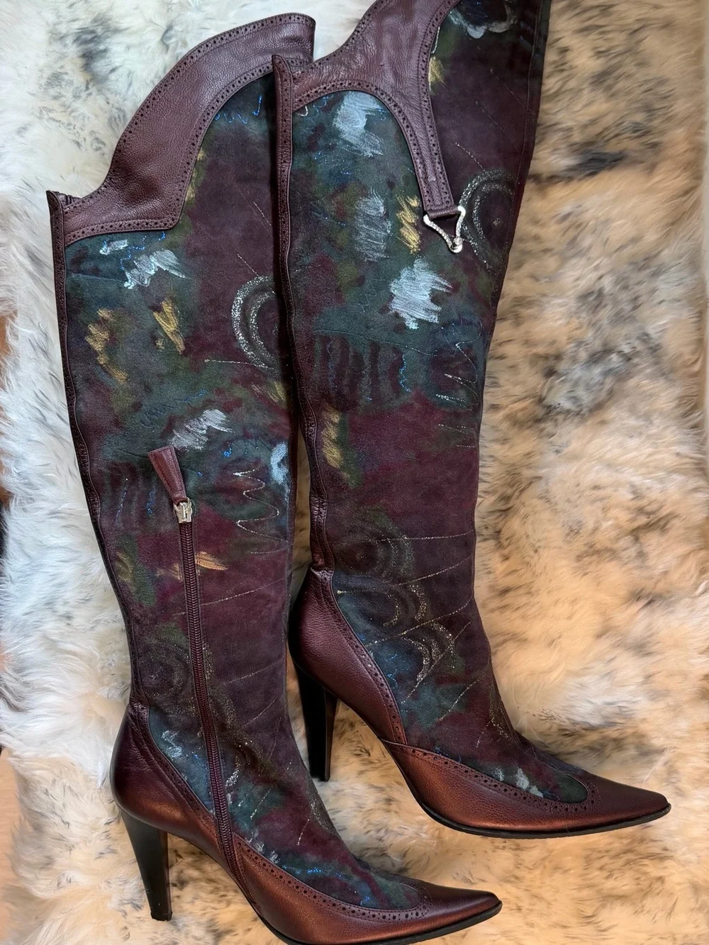 Bellofatto Women's Burgundy Multicolor Knee-High Pointed Toe Boots